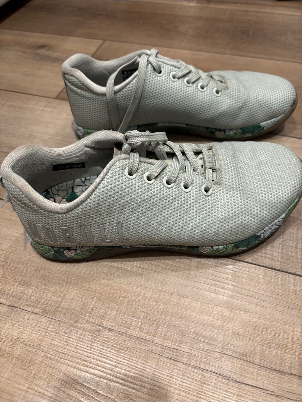 NOBULL Light Gray Knit Athletic Shoes with Green Floral Sole